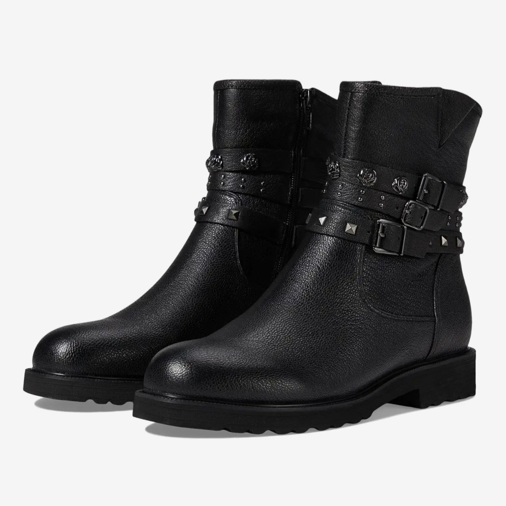 David Tate Black Leather Moto Boots with Studded Straps Size 7